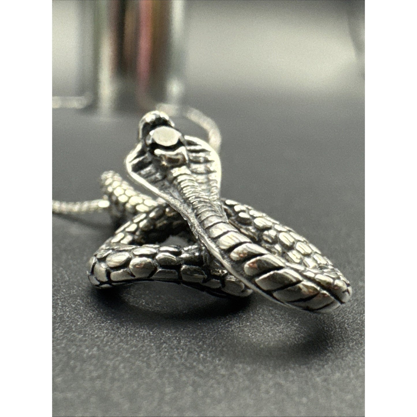 20” New Condition Sterling Silver Onyx King Cobra Snake Pendant Necklace