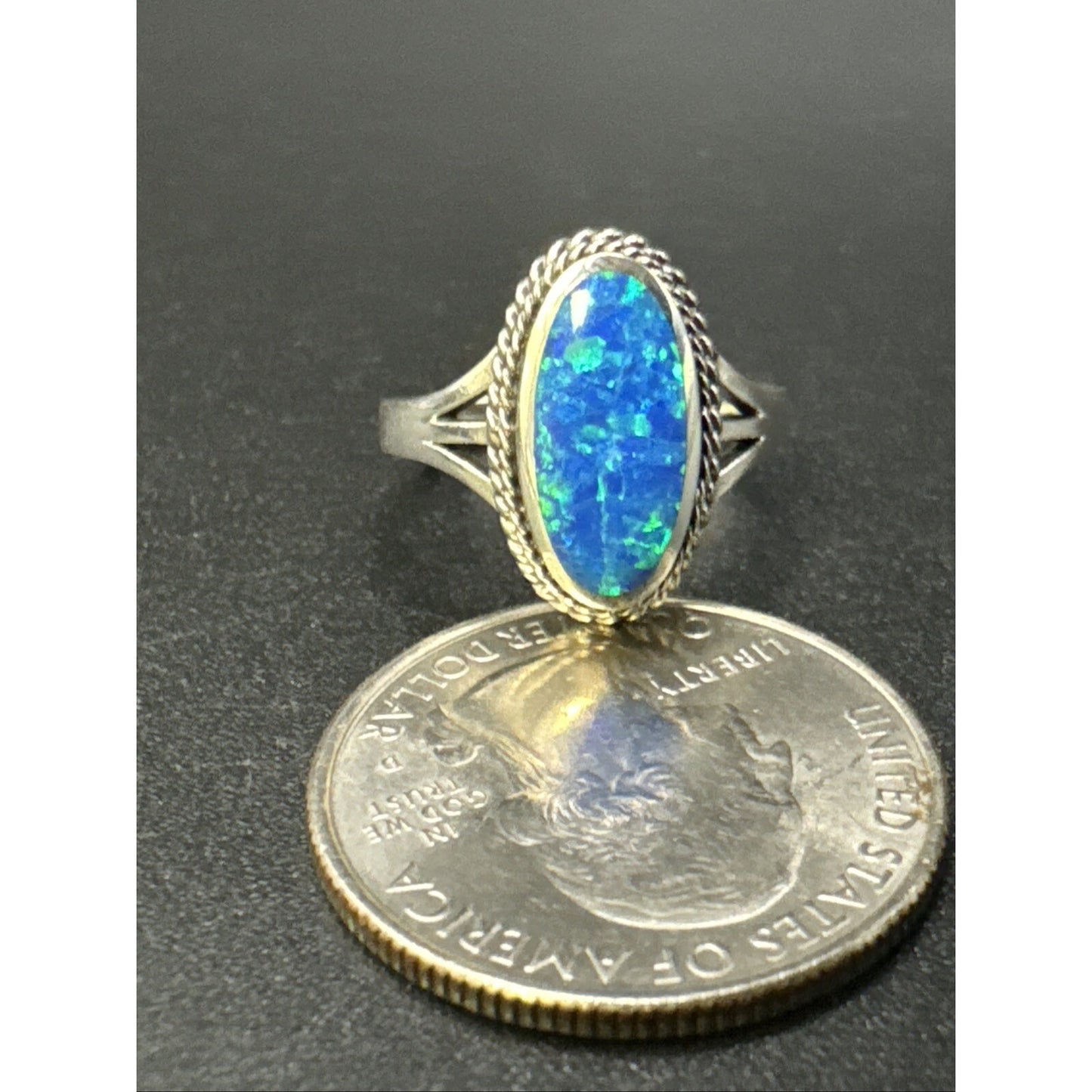 New Condition Sterling Silver Lab Created Blue Opal Ring 925 Size 7