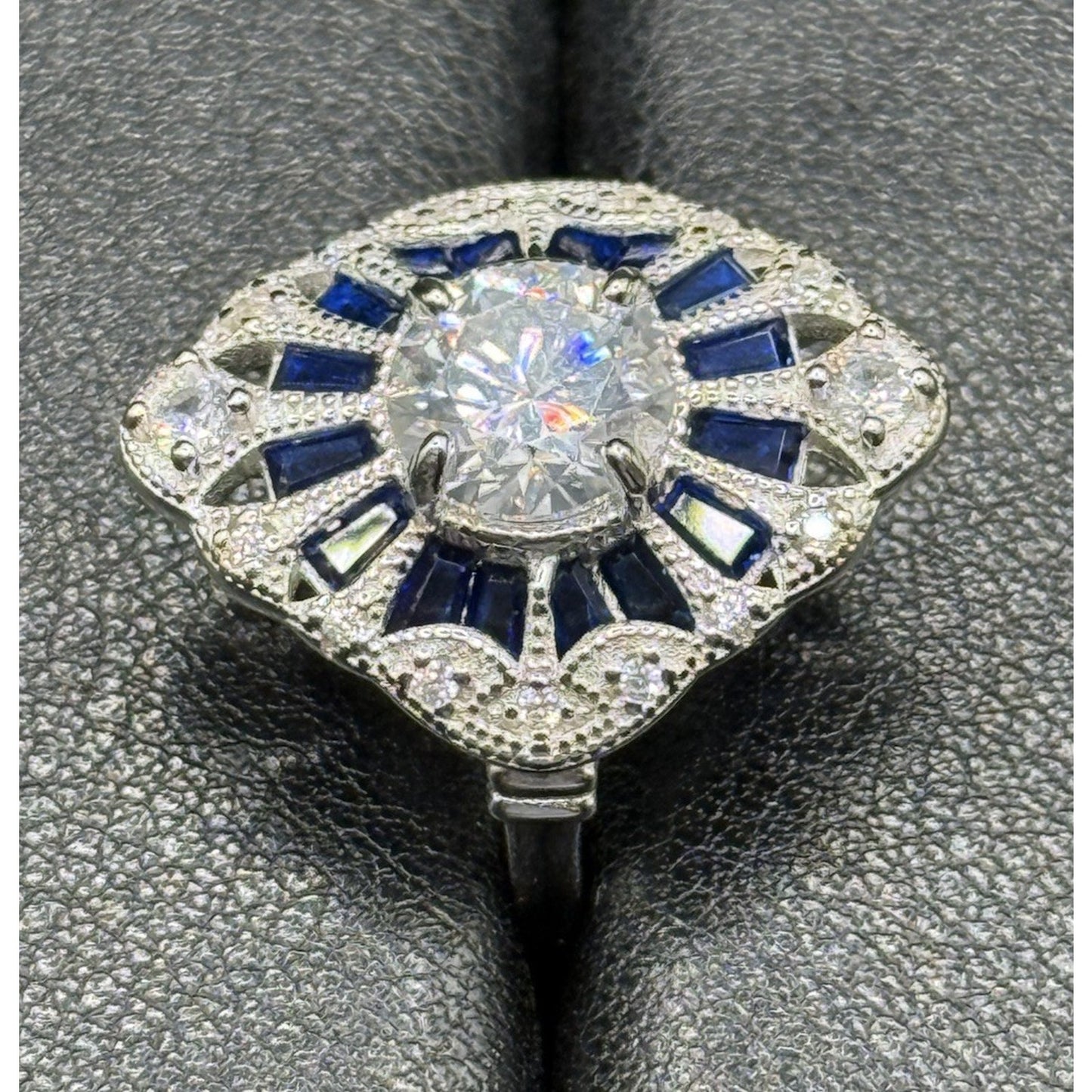 New Condition Sterling Silver Moissanite Art Deco Ring Size 7.00 GRA Q23