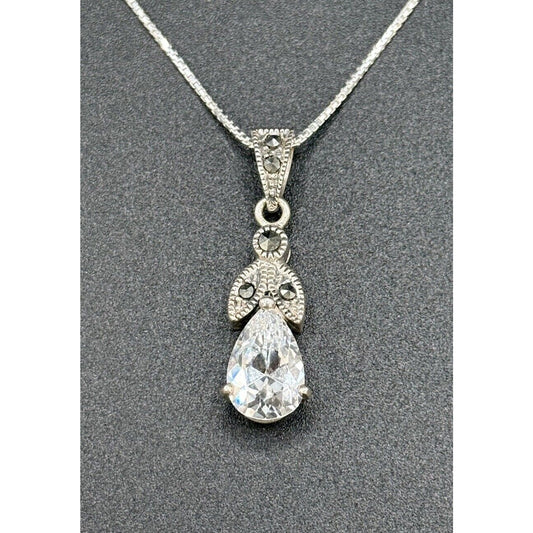 18” Vintage Sterling Silver Cubic Zirconia Marcasite Pendant Necklace 925 M8