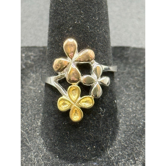 New Condition Sterling Silver Rose Gold Tri Color Plumeria Ring Size 7.00