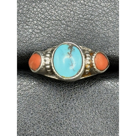 Vintage Sterling Silver Genuine Turquoise Coral Ring Size 7.50 Q3