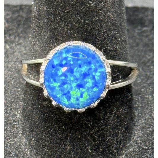 New Condition Sterling Silver Lab Blue Opal Cab Ring Size 8.00