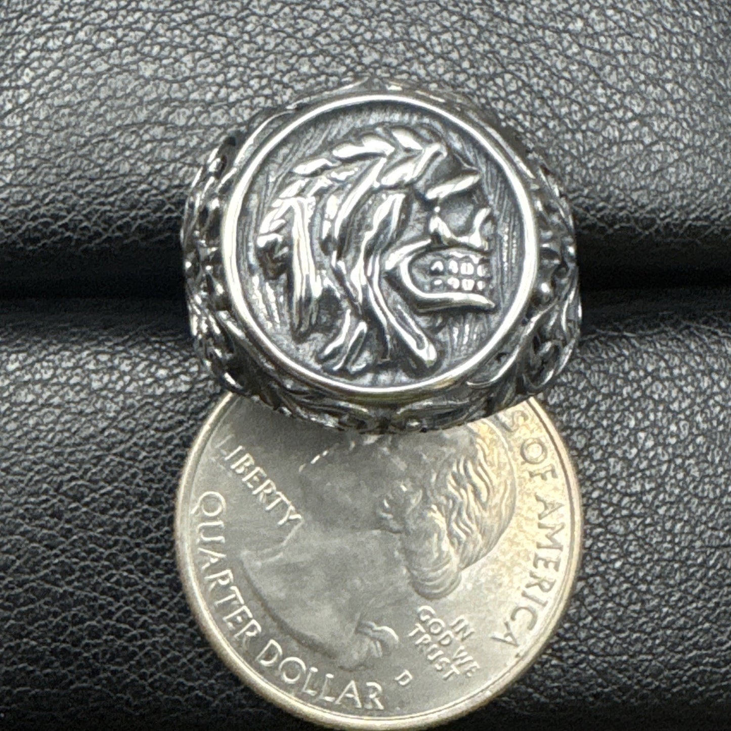 New Condition Sterling Silver Chieftain Skull Signet Ring Size 7