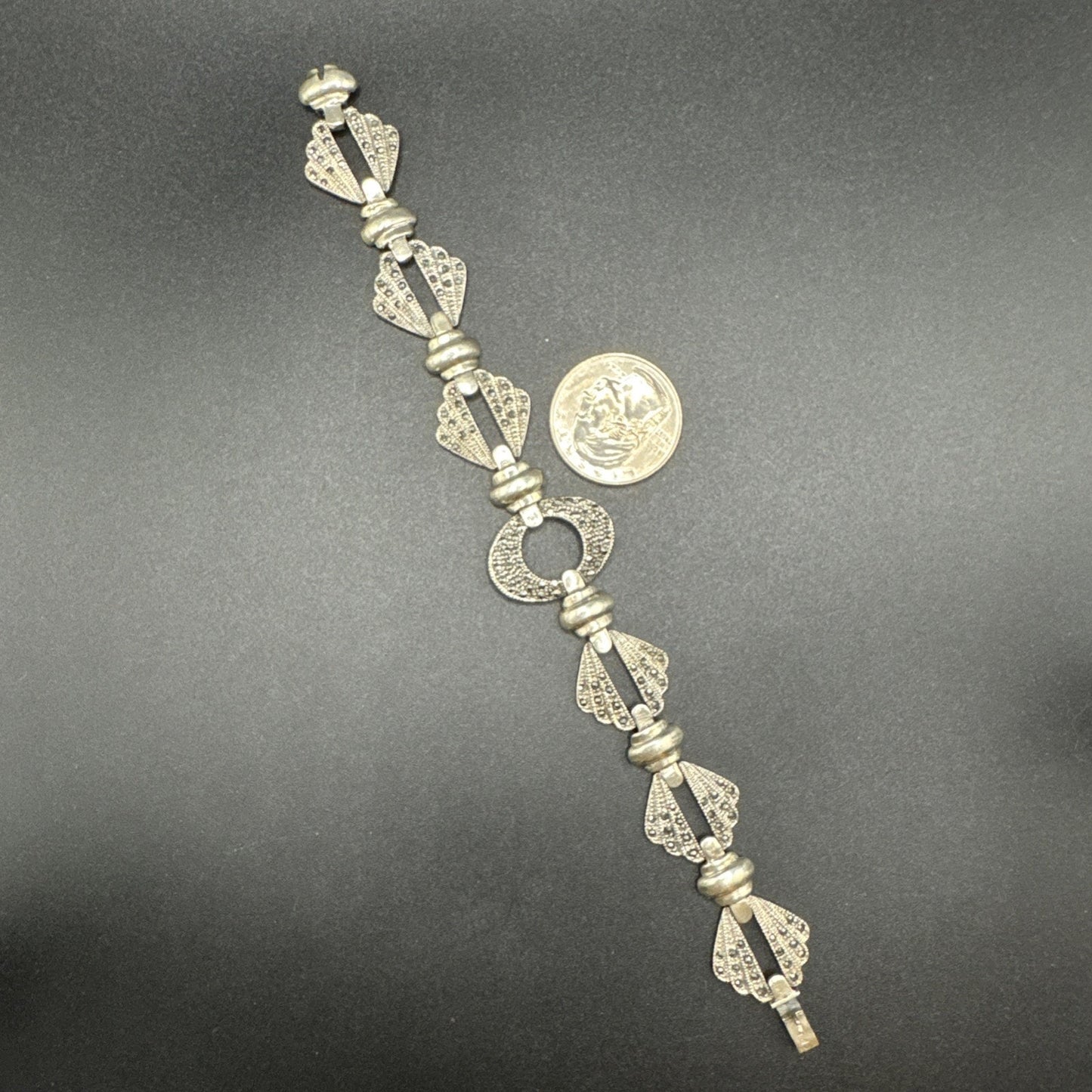 7.25” Marcasite Flapper Art Deco Design Bracelet 26g 925 T29