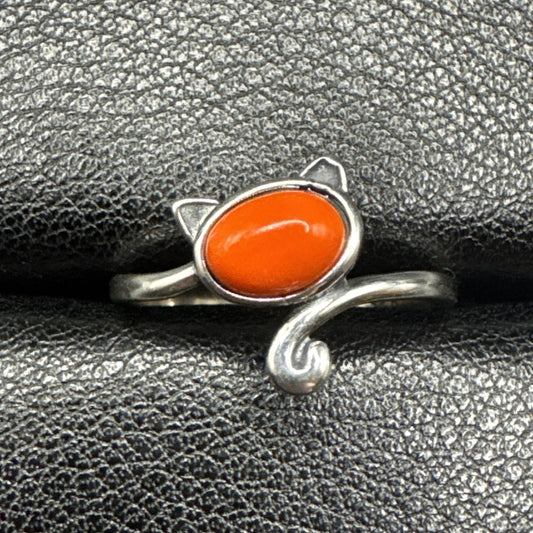 New Condition Sterling Silver Carnelian Kitty Cat Ring Size 7