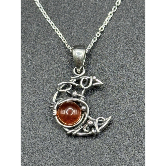 18” New Condition Sterling Silver Genuine Garnet Crescent Moon Pendant Necklace