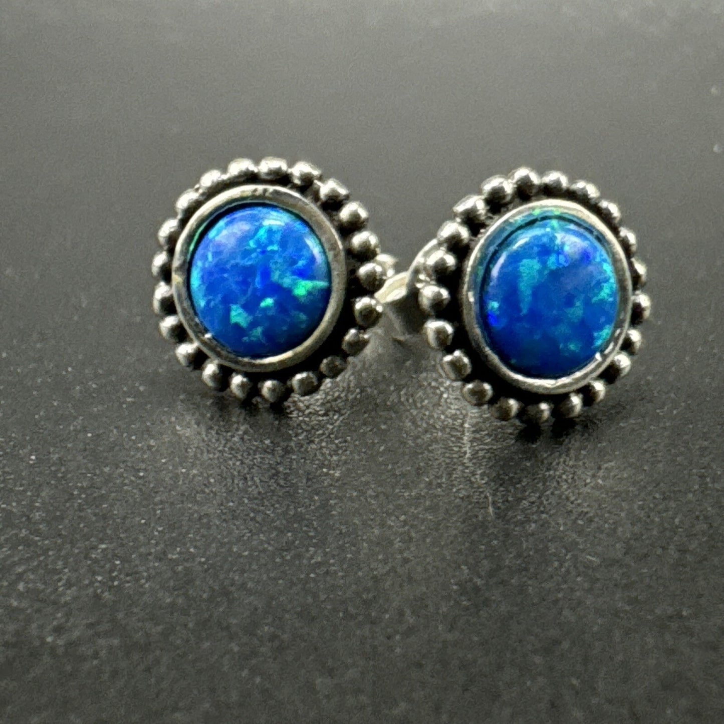 New Condition Sterling Silver Lab Blue Opal Stud Earrings