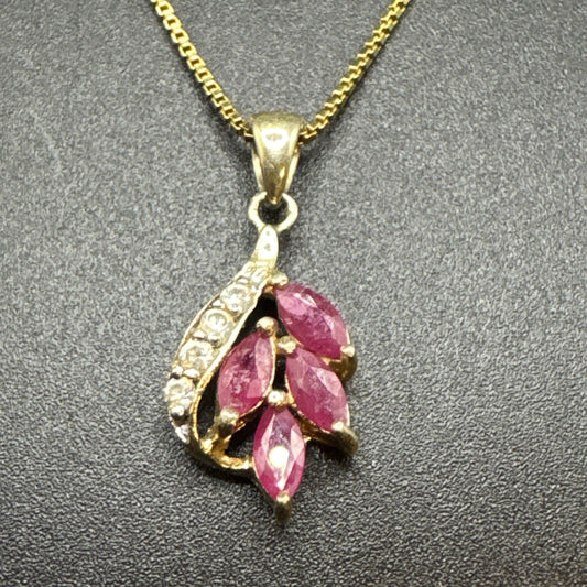 30” Gold Sterling Silver Genuine Ruby Cluster Pendant Necklace 925 R01