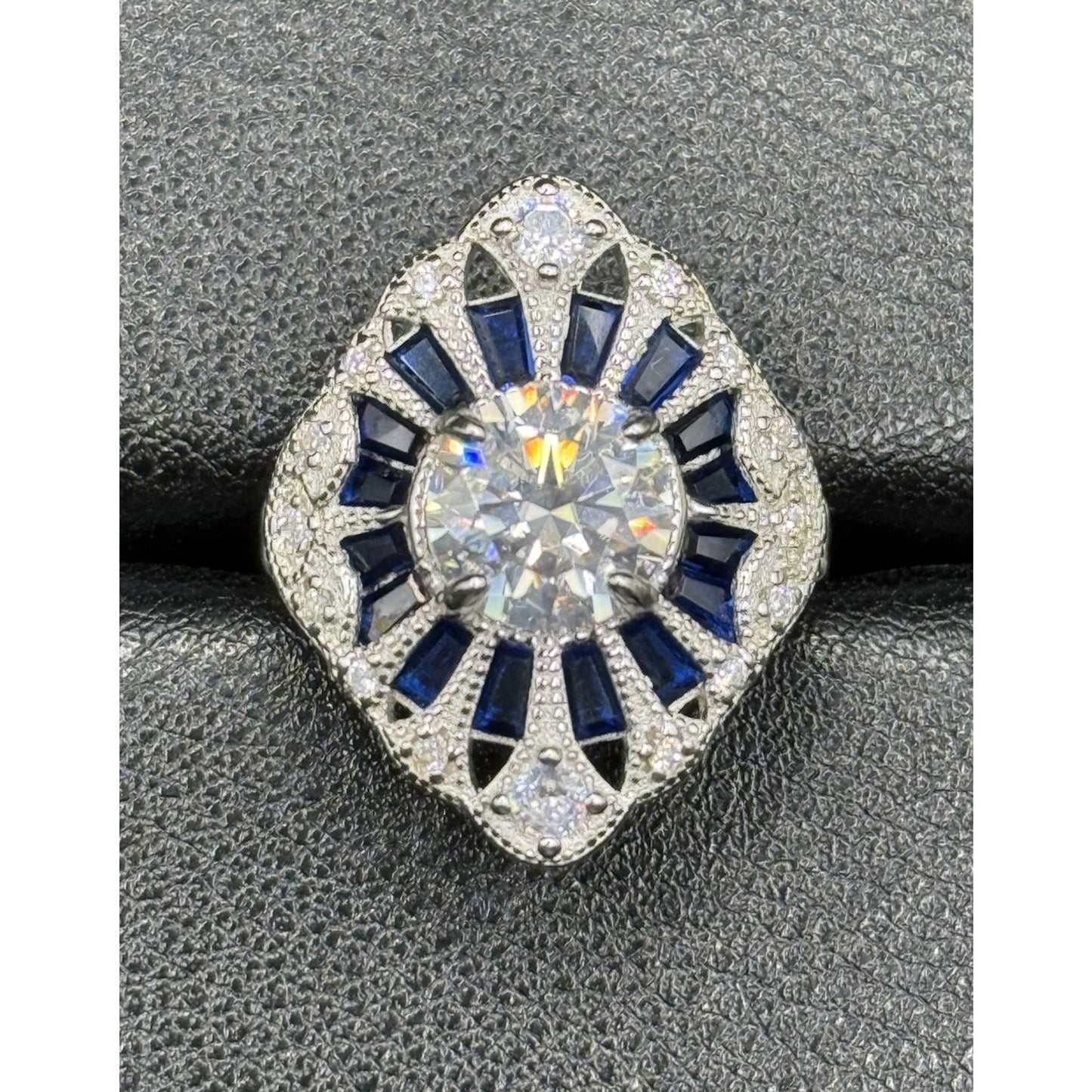 New Condition Sterling Silver Moissanite Art Deco Ring Size 7.00 GRA Q23