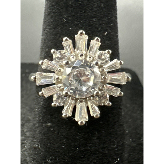 New Condition Sterling Silver Tapered Baguette CZ Starburst Ring 925 Size 7