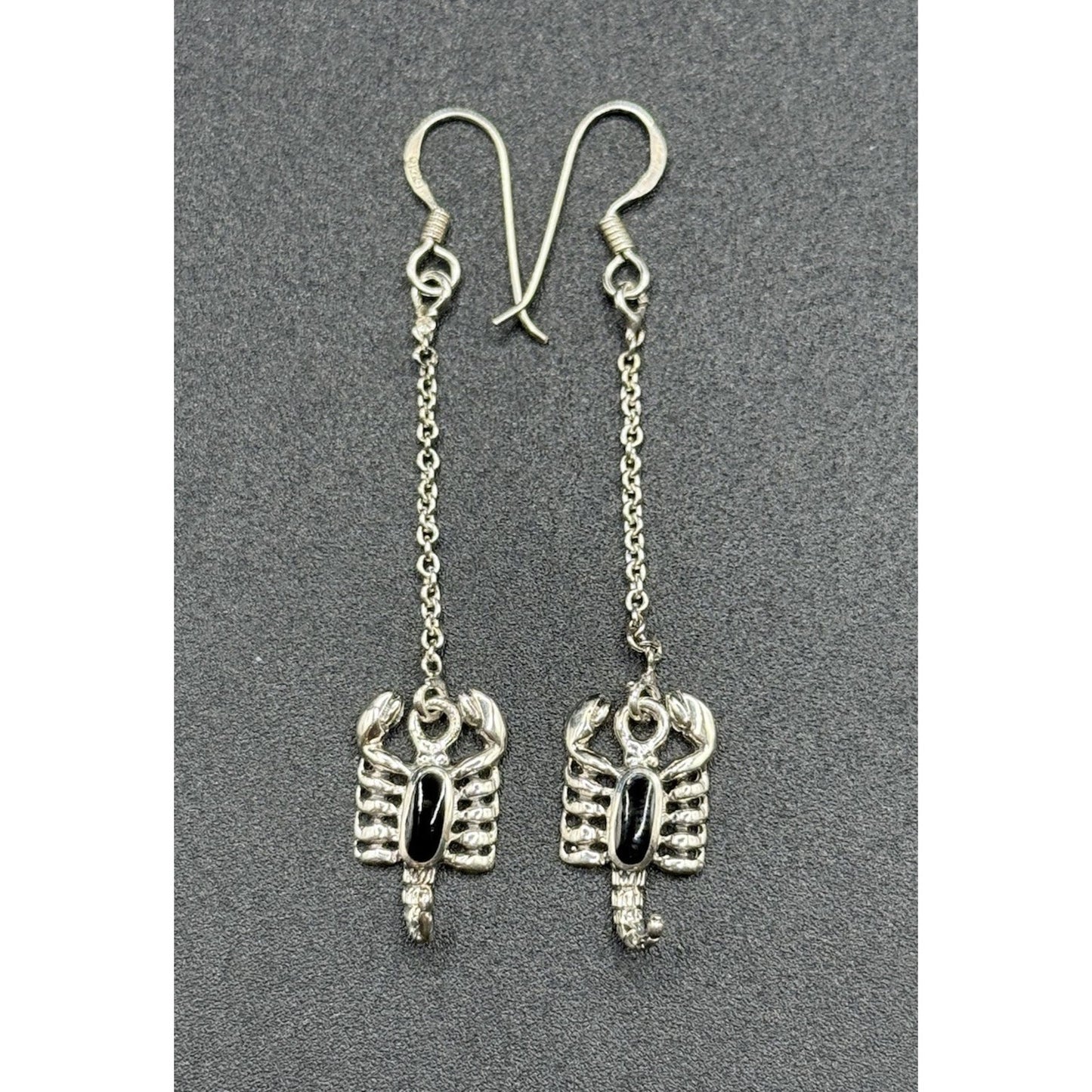 New Condition Sterling Silver Genuine Onyx Scorpion Dangle Earrings