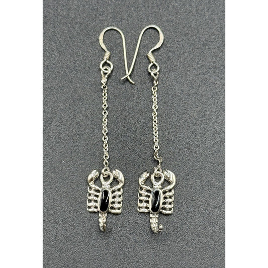 New Condition Sterling Silver Genuine Onyx Scorpion Dangle Earrings