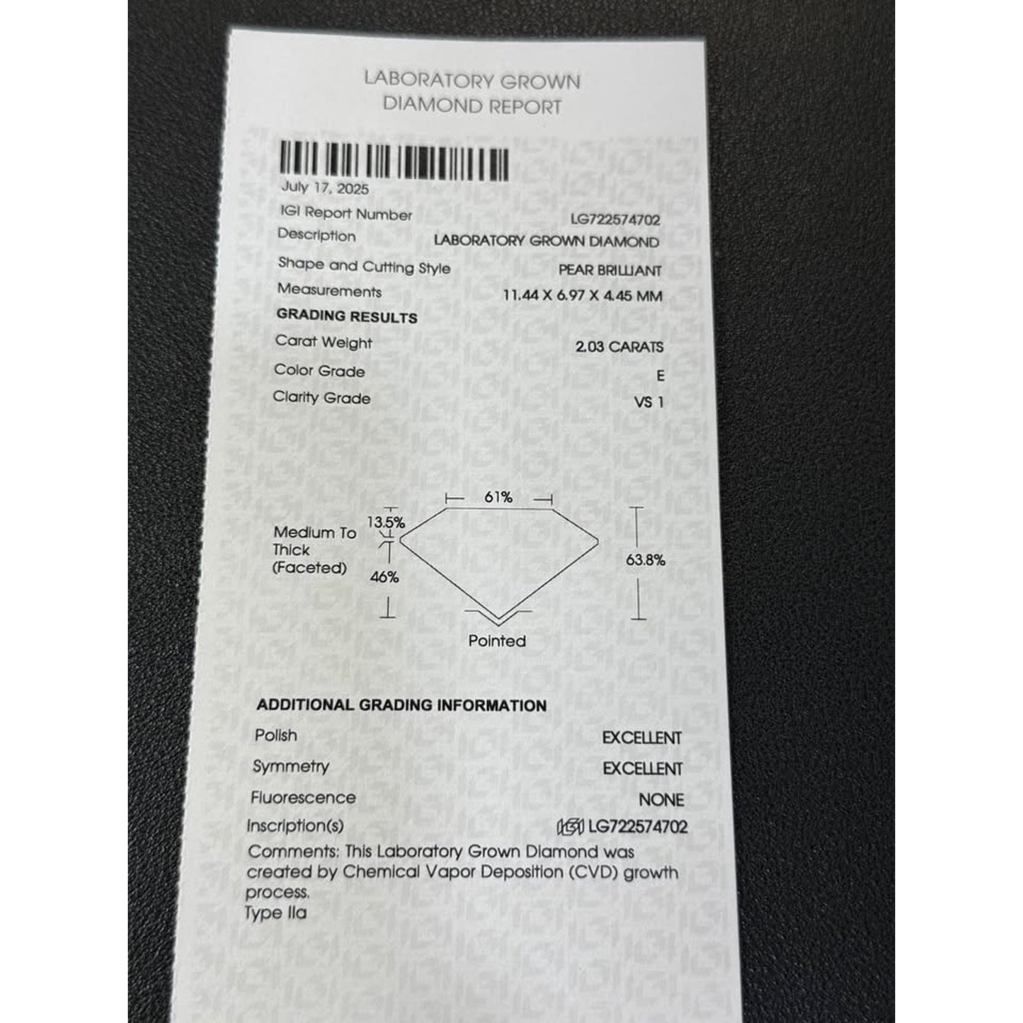 14k White Gold 2.04 Carat Lab Grown Pear Brilliant Diamond E Color VS1 Clarity Necklace IGI