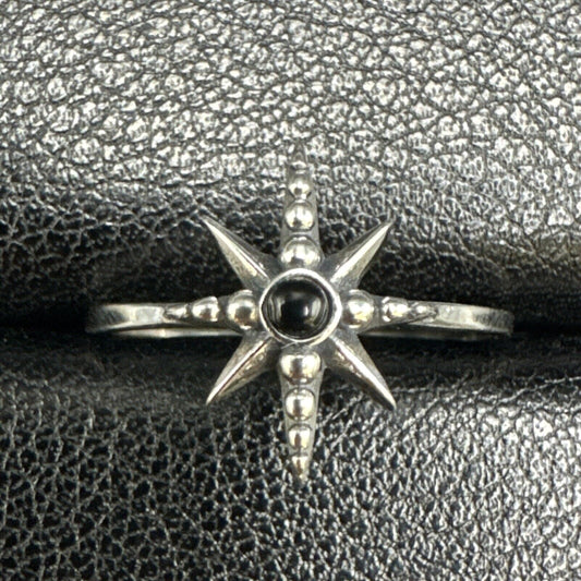 New Condition Sterling Silver Onyx North Star Ring 925 Size 7