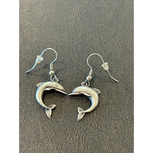 Vintage Sterling Silver Dolphin Dangle Earrings 925 K29