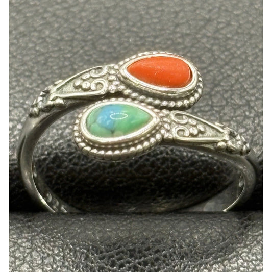 New Condition Sterling Silver Turquoise Coral Bypass Ring Size 7