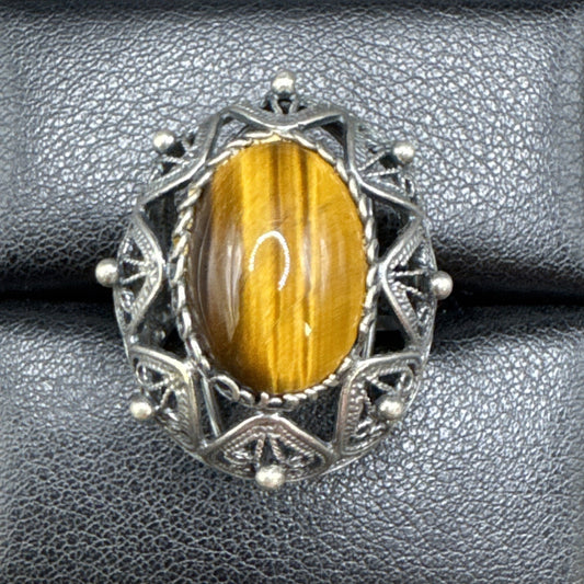 Sterling Silver Tigers Eye Openwork Filigree Dome Ring 925 Size Adjustable Q23