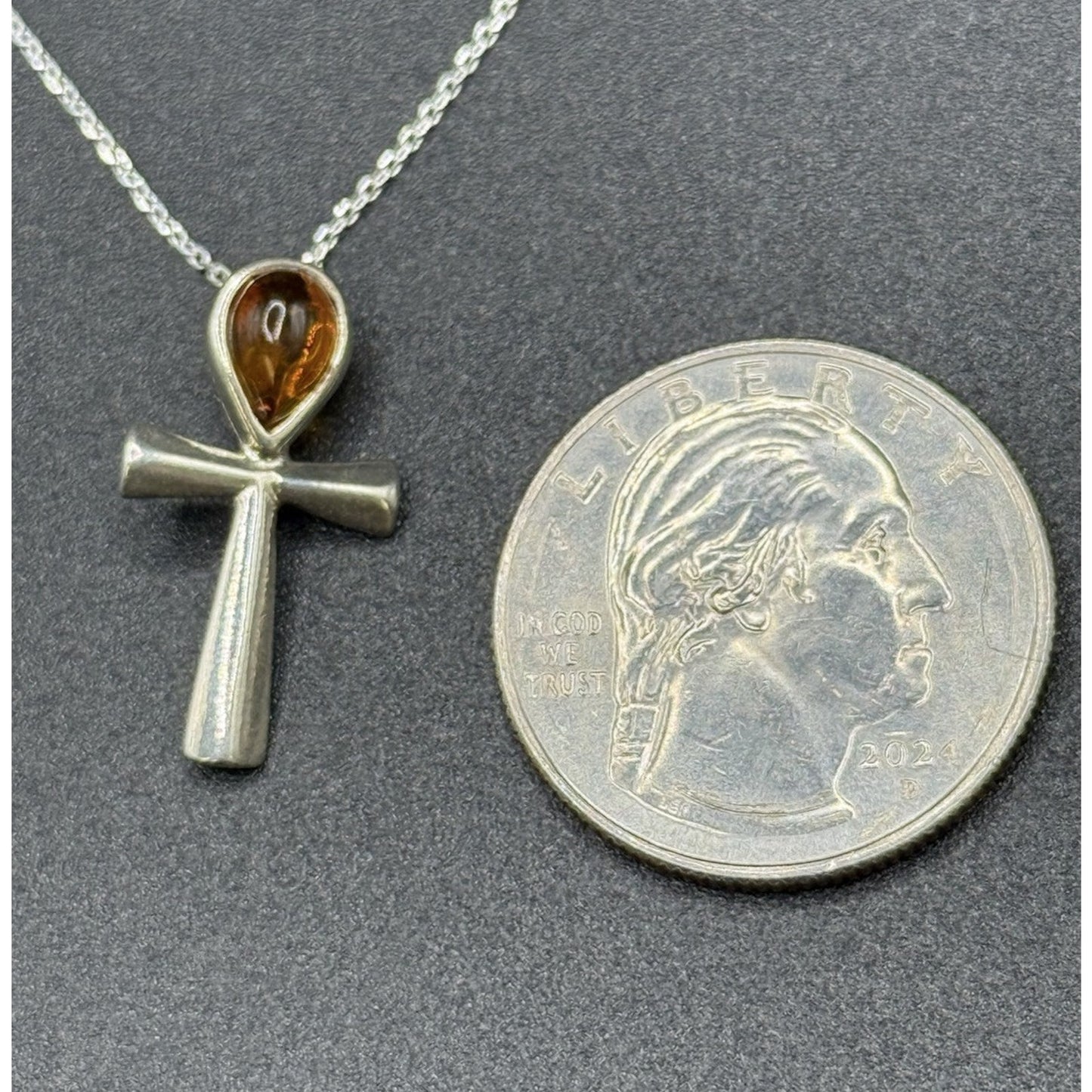 18” Sterling Silver Genuine Amber Cross Pendant Necklace P3