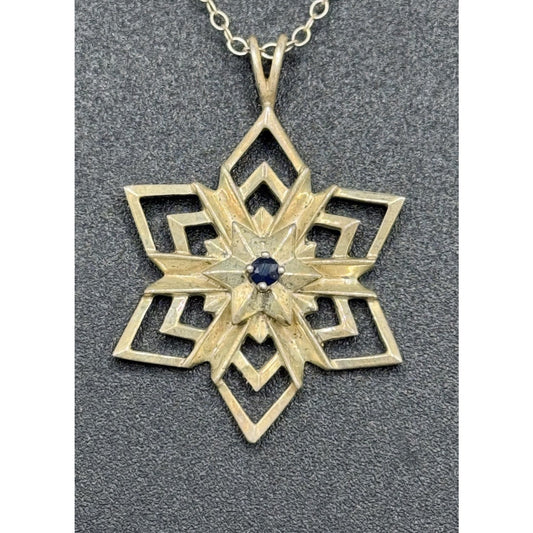 1984 Sterling Silver Franklin Mint Sapphire Snowflake Pendant Necklace P3
