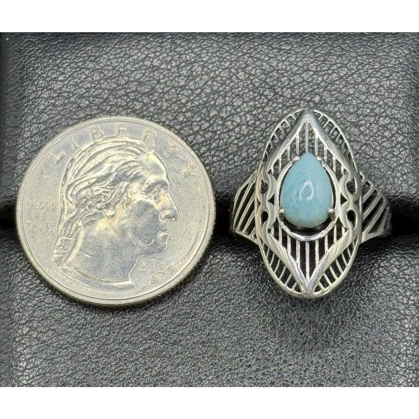 EUC Sterling Silver Genuine Pear Laramar Filigree Ring Size 9.00 P31