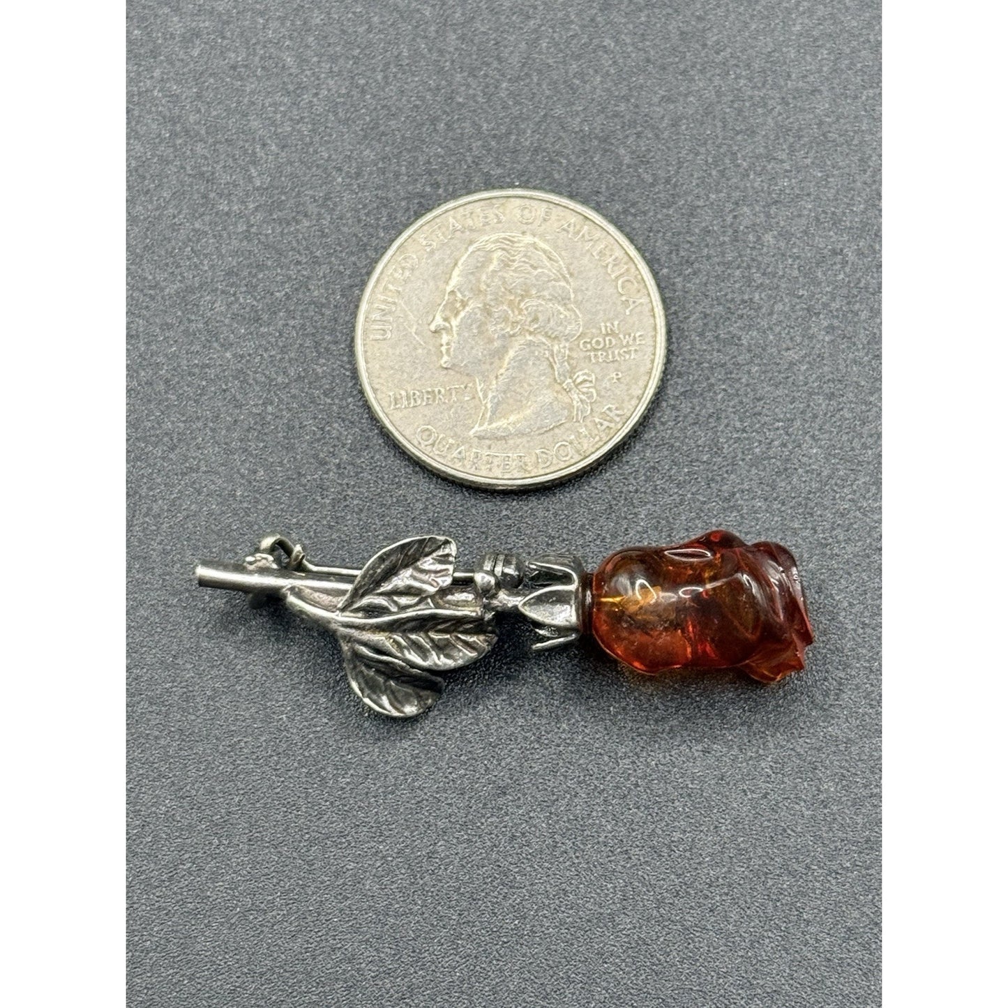 Vintage Sterling Silver Carved Amber Flower Brooch Pin P5