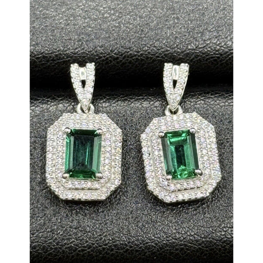 New Condition Sterling Silver Lab Created Emerald White Sapphire Earrings