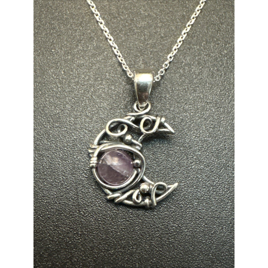 18” New Condition Sterling Silver Amethyst Crescent Moon Pendant Necklace