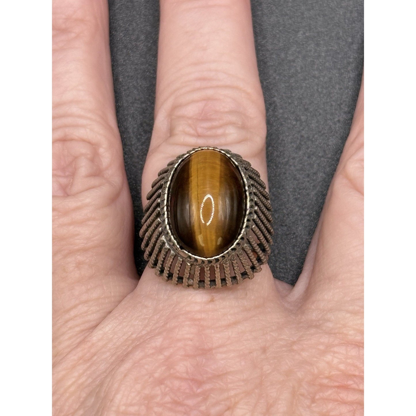 Vintage Sterling Silver Genuine Tigers Eye Ring Size 7.50 Adjustable 925 Q7