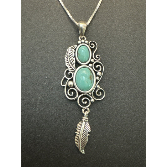 18” New Condition Sterling Silver Genuine Turquoise Feather Pendant Necklace