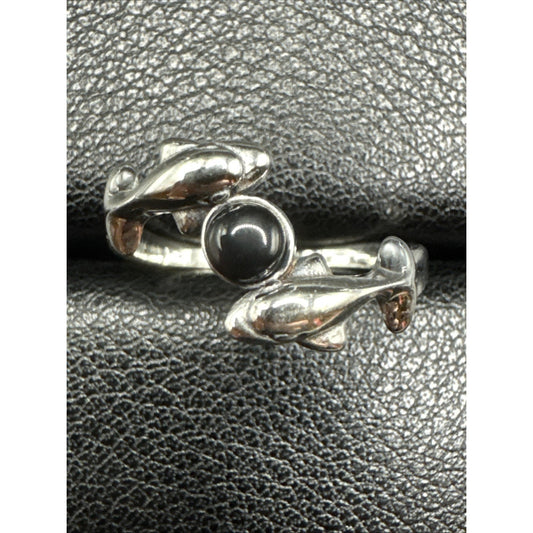 New Condition Sterling Silver Onyx Double Dolphin Ring 925 Size 7