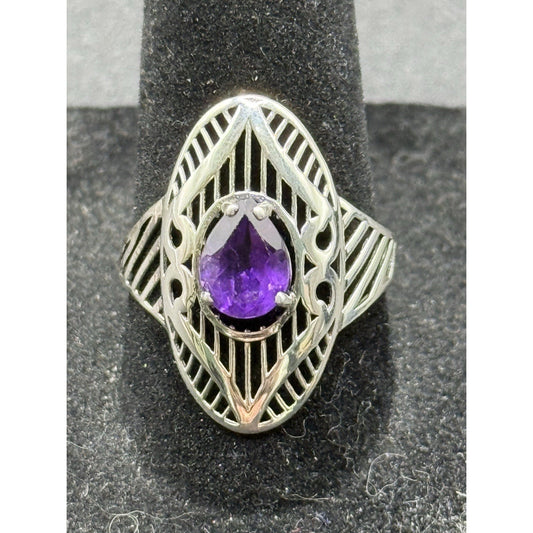 New Condition Sterling Silver Genuine Pear Amethyst Ring Size 9.00 925 P20