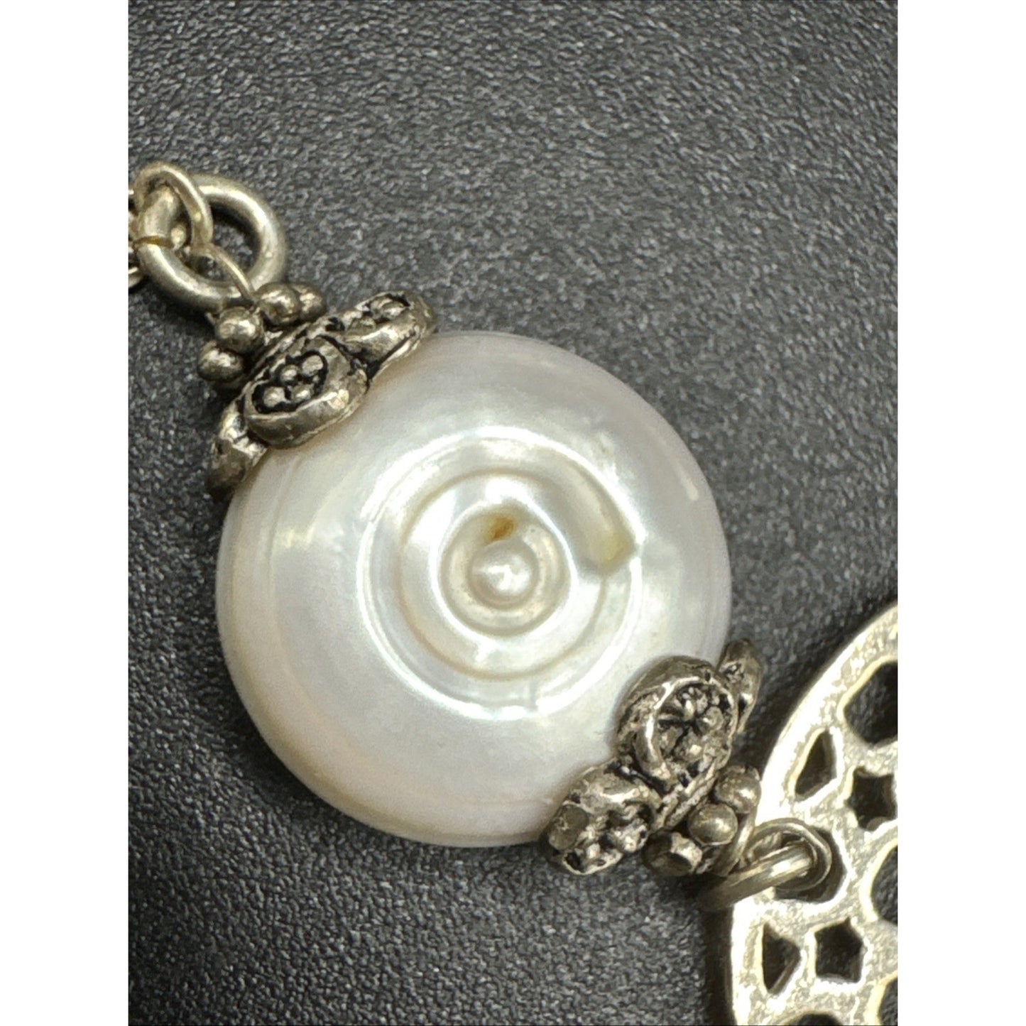 7.5” Sterling Silver Openwork Medallion Pearl Bracelet 925 T29