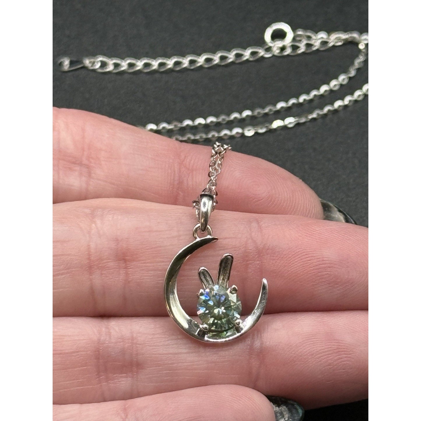 New Condition 18” Light Blue Moissanite Rabbit Sterling Silver Pendant Necklace