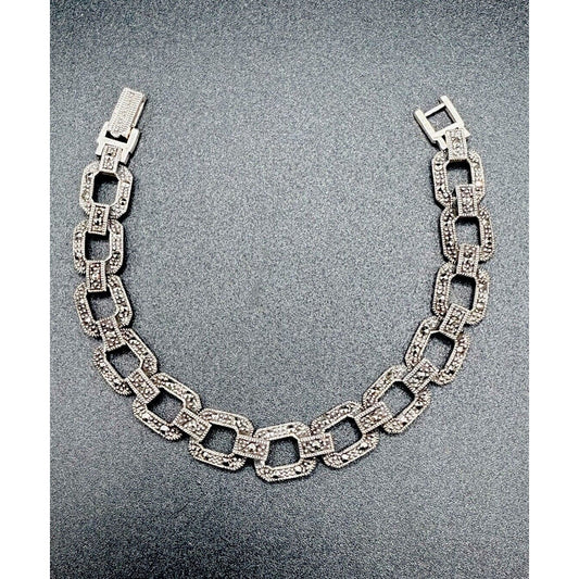 Vintage Sterling Silver Marcasite Link Bracelet 7.75” 23 Grams M8