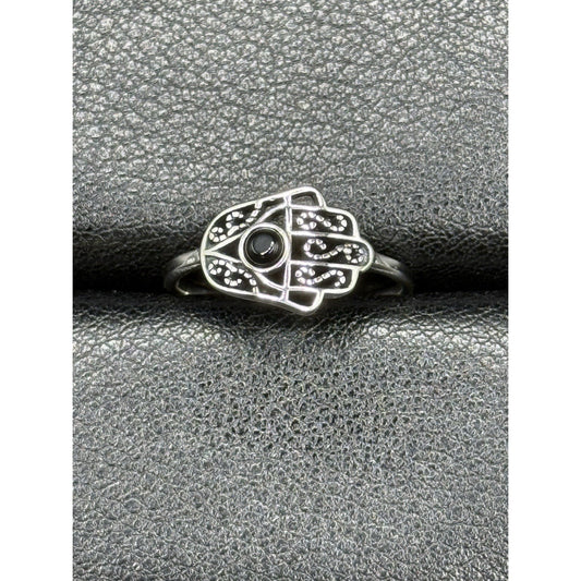 New Condition Sterling Silver Genuine Onyx Hansa Ring Size 7.00