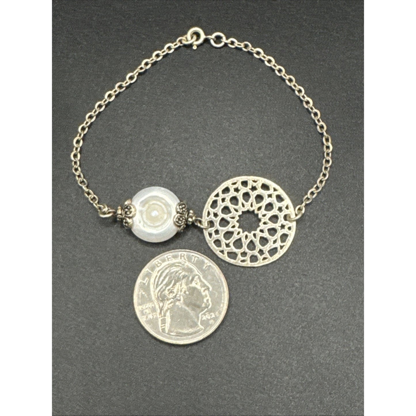 7.5” Sterling Silver Openwork Medallion Pearl Bracelet 925 T29