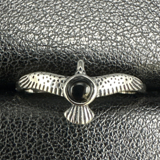 New Condition Sterling Silver Onyx Thunderbird Ring 925 Size 6.5