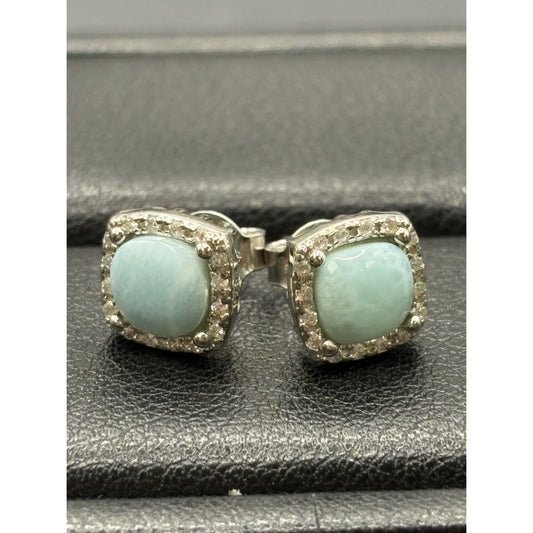 New Condition Sterling Silver Larimar Cubic Zirconia Stud Earrings