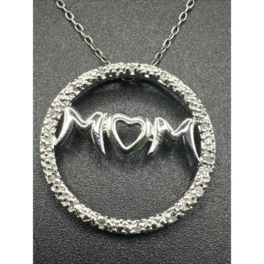 18” Sterling Silver Mom Diamond Pendant Necklace 925 R9
