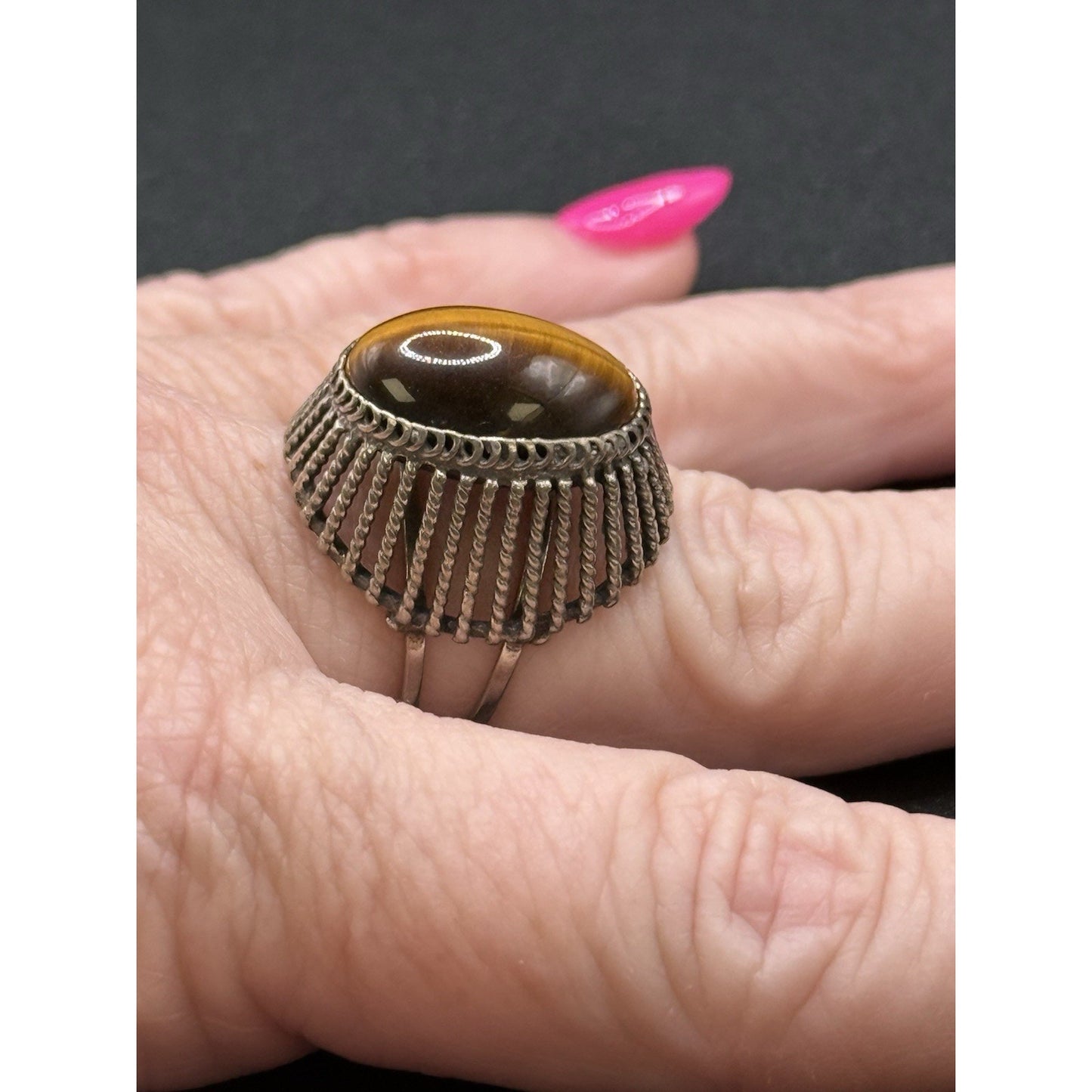 Vintage Sterling Silver Genuine Tigers Eye Ring Size 7.50 Adjustable 925 Q7