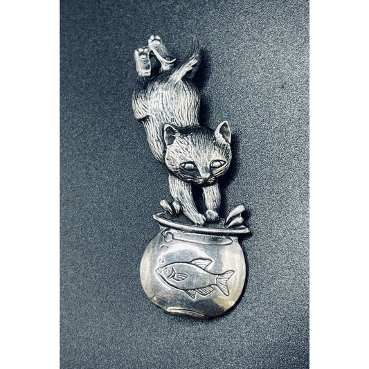 Vintage Sterling Silver Cat In Fish Bowl Brooch Pin 925 15 Grams L19