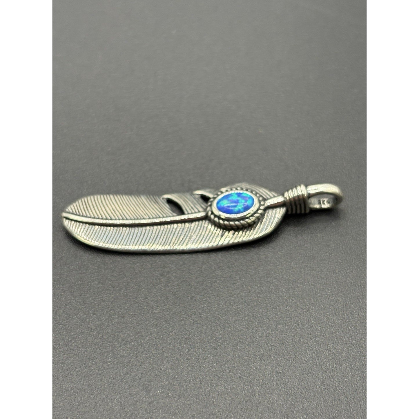 New Condition Sterling Silver Lab Blue Opal Feather Pendant 925 Free Shipping