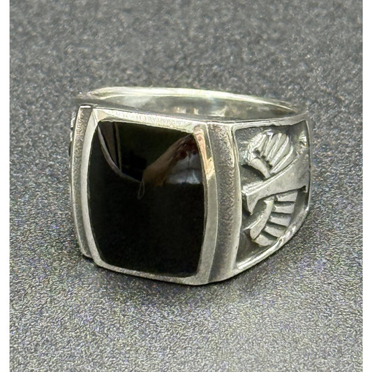 New Condition Sterling Silver Onyx Aztec Eagle Design Signet Size 9.00