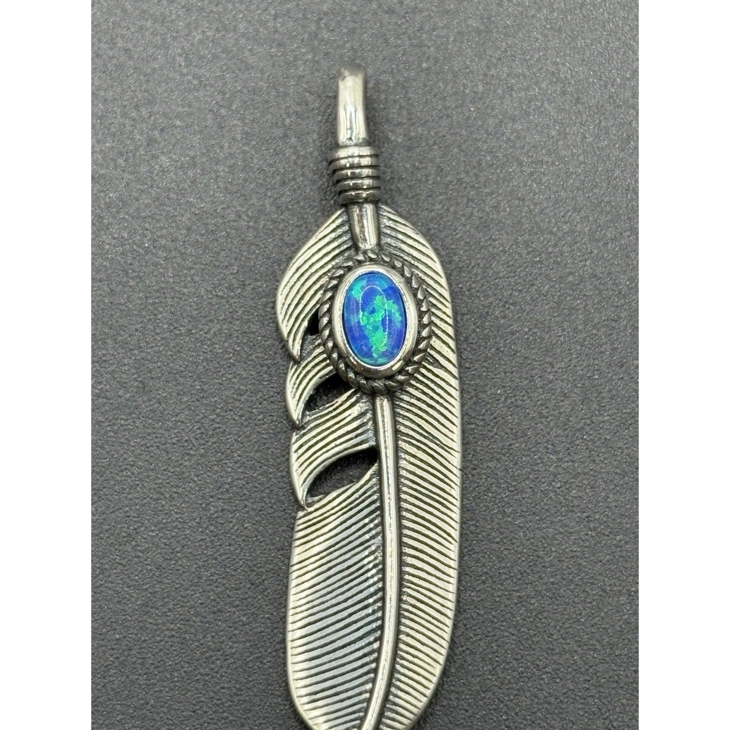 New Condition Sterling Silver Lab Blue Opal Feather Pendant 925 Free Shipping