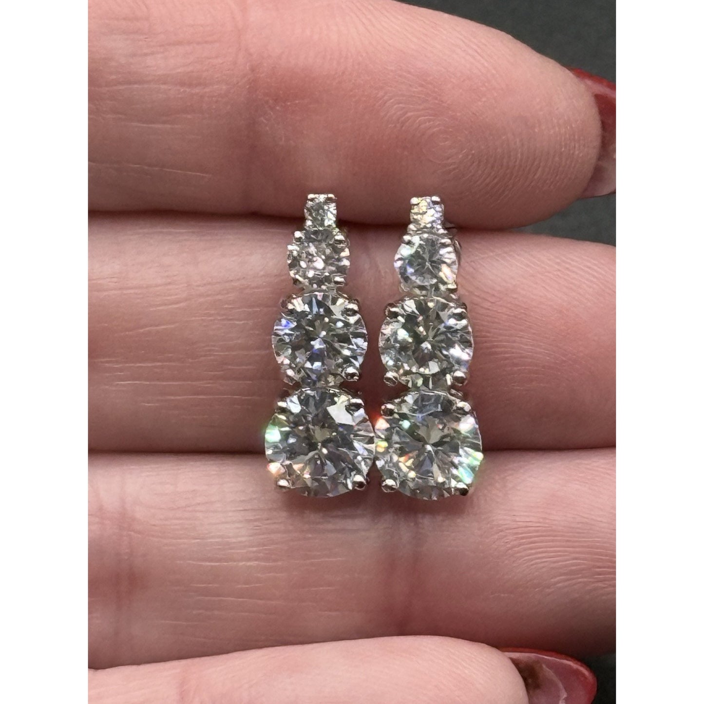 NOS Sterling Silver 3-Stone Cubic Zirconia Dangle Earrings 925 J18