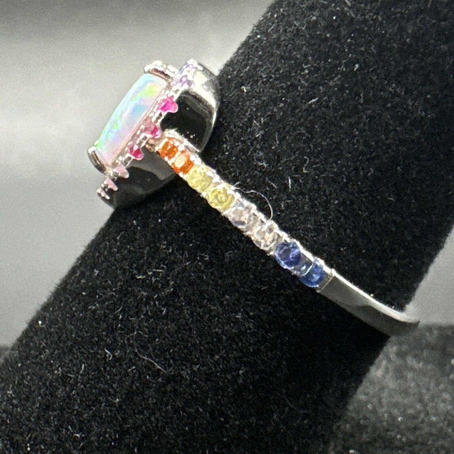 New Condition Sterling Silver Opal Heart Multi Color CZ Ring 925 Size 7