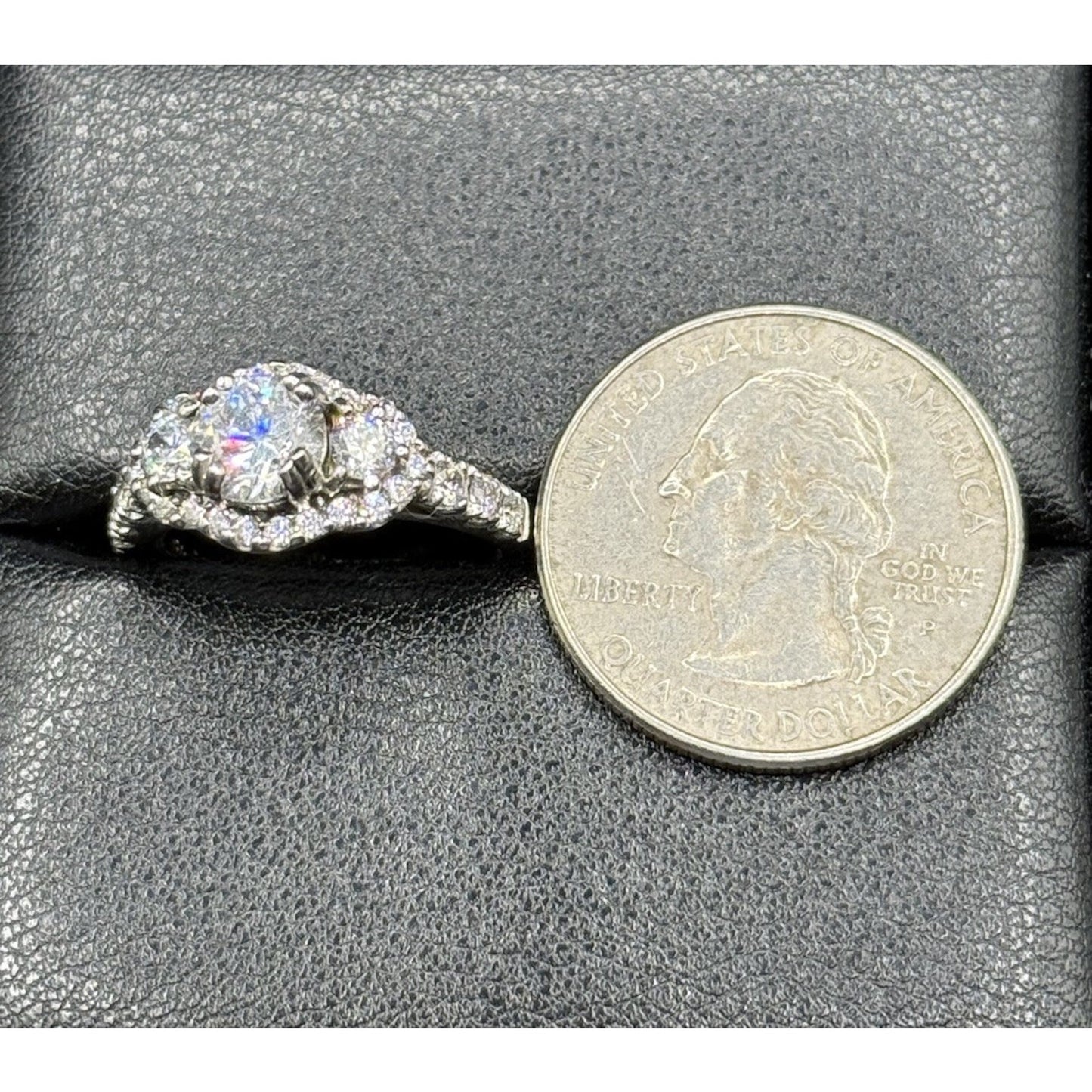 EUC Sterling Silver Cubic Zirconia 3-Stone Halo Ring Size 6.25 Q23