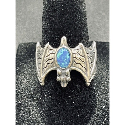 New Condition Sterling Silver Lab Blue Opal Bat Ring Size 7.00