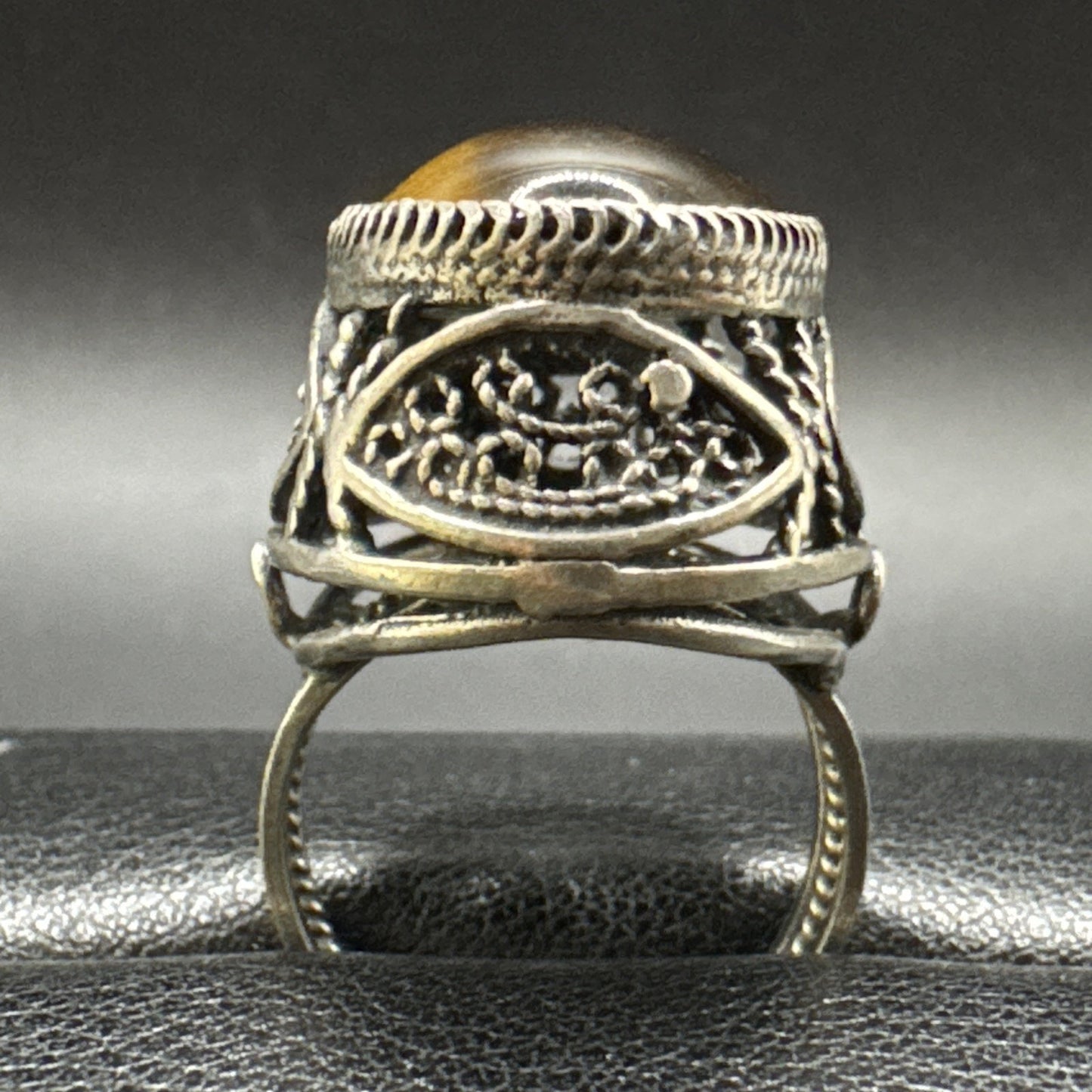 Sterling Silver Openwork Tigers Eye Dome Ring 925 Size Adjustable Q23